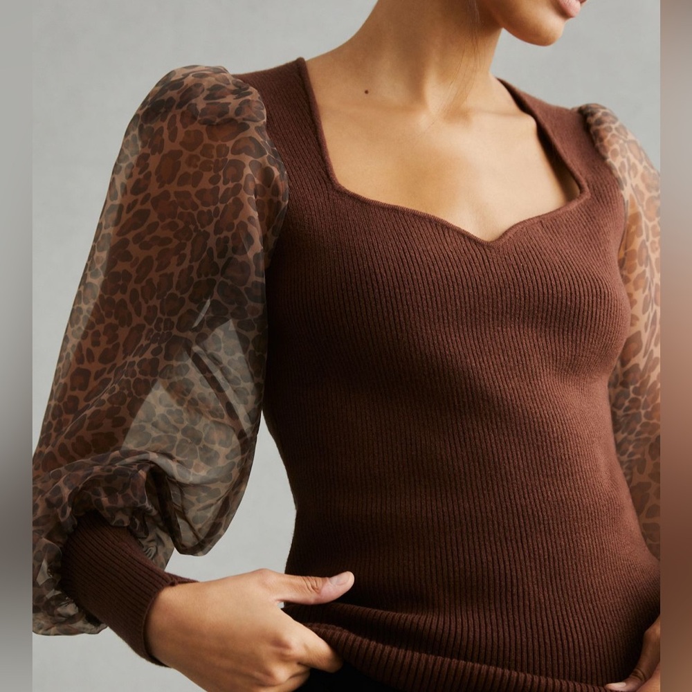 NWT Anthropologie DOLAN Puff-Sleeve Sweater Brown Pattern Size Medium